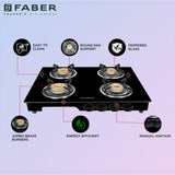 Faber 4 Burner Gas Cooktop with Brass Burners, Manual Ignition & Tempered Black Glass – HOB COOKTOP MAGIC 4BB BK