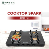 Faber Spark 4 Burner Gas Cooktop with Brass Burners, 6mm Toughened Black Glass Top, Jumbo Burner, Manual Ignition & Powder-Coated Pan Supports – SPARK 4BB BK