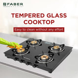 Faber Spark 4 Burner Gas Cooktop with Brass Burners, 6mm Toughened Black Glass Top, Jumbo Burner, Manual Ignition & Powder-Coated Pan Supports – SPARK 4BB BK