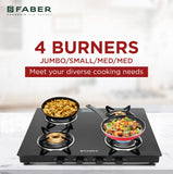 Faber Spark 4 Burner Gas Cooktop with Brass Burners, 6mm Toughened Black Glass Top, Jumbo Burner, Manual Ignition & Powder-Coated Pan Supports – SPARK 4BB BK
