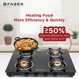 Faber Spark 4 Burner Gas Cooktop with Brass Burners, 6mm Toughened Black Glass Top, Jumbo Burner, Manual Ignition & Powder-Coated Pan Supports – SPARK 4BB BK