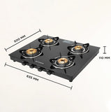 Faber Spark 4 Burner Gas Cooktop with Brass Burners, 6mm Toughened Black Glass Top, Jumbo Burner, Manual Ignition & Powder-Coated Pan Supports – SPARK 4BB BK