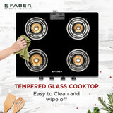 Faber Spark 4 Burner Gas Cooktop with Brass Burners, 6mm Toughened Black Glass Top, Jumbo Burner, Manual Ignition & Powder-Coated Pan Supports – SPARK 4BB BK