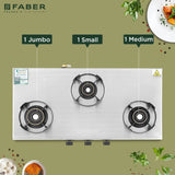 Faber 77 cm 3 Burner Gas Cooktop with Jumbo, Medium & Small Burners, Manual Ignition & Steel Finish – COOKTOP EMBER 3BB SS CI