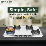 Faber 63 cm 4 Burner Gas Cooktop with Jumbo, Medium & Small Burners, Manual Ignition & Steel Finish – COOKTOP EMBER 4BB SS CI