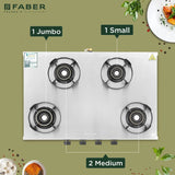 Faber 63 cm 4 Burner Gas Cooktop with Jumbo, Medium & Small Burners, Manual Ignition & Steel Finish – COOKTOP EMBER 4BB SS CI