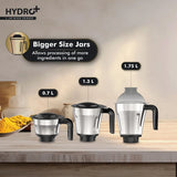 Havells Hydro Plus 1000 Watt Mixer Grinder | 3 Stainless Steel Jars | 22000 RPM Ball Bearing Motor | Hands-Free Operation