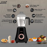 Havells Hydro Plus 1000 Watt Mixer Grinder | 3 Stainless Steel Jars | 22000 RPM Ball Bearing Motor | Hands-Free Operation