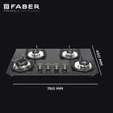 Faber Superia 4 Burner Built-In Gas Hob with Brass Burners, 6mm Toughened Black Glass, Automatic Battery Ignition, Triple Ring Dual Flame Burner – SUPERIA HT764 BR AI IN