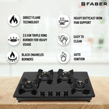 Faber 72 cm 4 Burner Built-in Gas Hob with Brass Burners, Auto Ignition & 8 mm Toughened Black Glass – HOB ULTIMA HT724 CRS BR CI AI