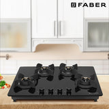 Faber 72 cm 4 Burner Built-in Gas Hob with Brass Burners, Auto Ignition & 8 mm Toughened Black Glass – HOB ULTIMA HT724 CRS BR CI AI