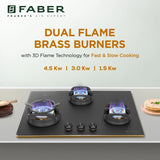 Faber 72 cm 3 Burner Built-in Gas Hob with Brass Burners, Auto Ignition & Flame Failure Device – Hob Verona HD723 CI FFD AI
