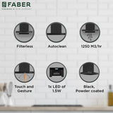 Faber BONITO 3D IND HC SC FL BK 60 Kitchen Chimney | 60 cm, 1250 m³/hr, Filterless, Auto Clean, Touch & Gesture Control