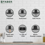 Faber BONITO 3D IND HC SC FL BK 90 Kitchen Chimney, 90 cm, 1250 m³/hr, Filterless, Auto Clean, Touch & Gesture Control
