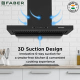 Faber BONITO 3D IND HC SC FL BK 90 Kitchen Chimney, 90 cm, 1250 m³/hr, Filterless, Auto Clean, Touch & Gesture Control
