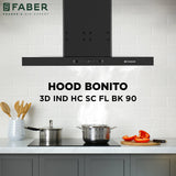 Faber BONITO 3D IND HC SC FL BK 90 Kitchen Chimney, 90 cm, 1250 m³/hr, Filterless, Auto Clean, Touch & Gesture Control