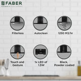 Faber HOOD BONITO 3D IN HC SC FL BK 75 Kitchen Chimney, 75 cm, 1250 m³/hr, Filterless, Electro Thermal Auto Clean, Touch & Gesture Control