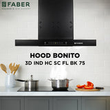 Faber HOOD BONITO 3D IN HC SC FL BK 75 Kitchen Chimney, 75 cm, 1250 m³/hr, Filterless, Electro Thermal Auto Clean, Touch & Gesture Control