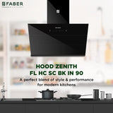 Faber ZENITH FL HC SC BK IN 90 Kitchen Chimney | 90 cm, 1400 m³/hr, Filterless, Heat Auto Clean, Odor Sensor