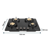 Faber 70 cm 4 Burner Built-in Gas Hob with Brass Burners, Auto Ignition, Multi-Flame Burners & 8 mm Toughened Black Glass – Hob PRIME HT704 CRS BR CI AI