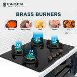 Faber 70 cm 4 Burner Built-in Gas Hob with Brass Burners, Auto Ignition, Multi-Flame Burners & 8 mm Toughened Black Glass – Hob PRIME HT704 CRS BR CI AI