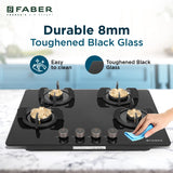 Faber 70 cm 4 Burner Built-in Gas Hob with Brass Burners, Auto Ignition, Multi-Flame Burners & 8 mm Toughened Black Glass – Hob PRIME HT704 CRS BR CI AI