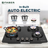 Faber 70 cm 4 Burner Built-in Gas Hob with Brass Burners, Auto Ignition, Multi-Flame Burners & 8 mm Toughened Black Glass – Hob PRIME HT704 CRS BR CI AI