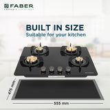 Faber 70 cm 4 Burner Built-in Gas Hob with Brass Burners, Auto Ignition, Multi-Flame Burners & 8 mm Toughened Black Glass – Hob PRIME HT704 CRS BR CI AI