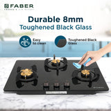 Faber 70 cm 3 Burner Built-in Gas Hob with Brass Burners, Auto Ignition & Toughened Glass – Hob PRIME HT703 CRS BR CI AI