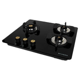 Faber Maxus 60cm 3 Burner Built-In Gas Hob | 8mm Toughened Black Glass | Auto Ignition | Cast Iron Pan Support - Hob Maxus HT603 CRS BR CI AI