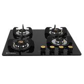 Faber Hob/Hobtop 4 Brass Burner Auto Electric Ignition Glass and Mild Steel Top (Maxus HT604 CRS BR CI AI) Black