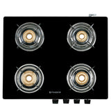 Faber 4 Burner Gas Cooktop with Brass Burners, Manual Ignition & Tempered Black Glass – HOB COOKTOP MAGIC 4BB BK