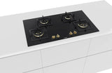 Bosch Built in Gas Hob Black Tempered glass Glass 4 Burner Auto Ignition 90 cm Full Brass 3D Ring Burners with Matt Black Heat Shields & Cast Iron pan supports (PNF9B6G20I)