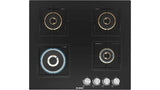 Bosch Built in Gas Hob Black Tempered glass Glass 4 Burner Auto Ignition 60 cm True Brass 2D Ring Burners with Glossy Black Heat Shields & Enameld pan supports (PNH6B6F10I)