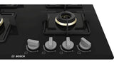 Bosch Built in Gas Hob Black Tempered glass Glass 4 Burner Auto Ignition 60 cm True Brass 2D Ring Burners with Glossy Black Heat Shields & Enameld pan supports (PNH6B6F10I)