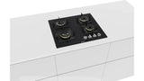 Bosch Built in Gas Hob Black Tempered glass Glass 4 Burner Auto Ignition 60 cm True Brass 2D Ring Burners with Glossy Black Heat Shields & Enameld pan supports (PNH6B6F10I)