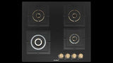 Bosch Built in Gas Hob Black Tempered glass Glass 4 Burner Auto Ignition 60 cm True Brass 2D Ring Burners with Matt Black Heat Shields & Cast Iron pan supports (PNH6B6F20I)