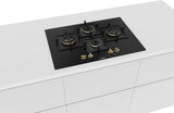 Bosch Built in Gas Hob Black Tempered glass Glass 4 Burner Auto Ignition 75 cm True Brass 2D Ring Burners with Matt Black Heat Shields & Cast Iron pan supports (PNI7B6F20I)