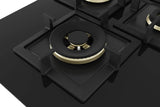 Bosch Built in Gas Hob Black Tempered glass Glass 4 Burner Auto Ignition 75 cm True Brass 2D Ring Burners with Matt Black Heat Shields & Cast Iron pan supports (PNI7B6F20I)