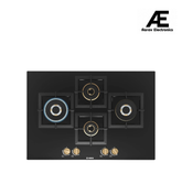 Bosch Built in Gas Hob Black Tempered glass Glass 4 Burner Auto Ignition 75 cm True Brass 2D Ring Burners with Matt Black Heat Shields & Cast Iron pan supports (PNI7B6F20I)