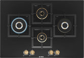 Bosch Built in Gas Hob Black Tempered glass Glass 4 Burner Auto Ignition 75 cm True Brass 2D Ring Burners with Matt Black Heat Shields & Cast Iron pan supports (PNI7B6F20I)