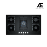 Bosch Series 6 90 cm 5 Burner Built-In Gas Hob | 8 mm Black Tempered Glass | Dual-Flame Power Burner | Cast Iron Pan Supports | Flame Failure Safety Device | Auto Ignition | Cylindrical Knobs - PPQ9B6O90I