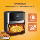 Glen Digital Air Fryer, 6 Litre, 1500W, Digital Controls with 7 Pre-Set Menus, Adjustable 60-Minute Timer, Temperature Control, Fry, Grill, Roast & Bake with Less Oil, Large - Black (SA-3043DSS)