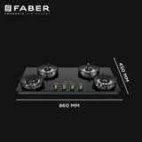 Faber 90 cm 4 Burner Built-in Gas Hob with Brass Burners, Auto Ignition & Toughened Black Glass – HOB SUPERIA HT904 BR AI N