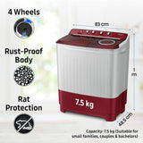 Samsung 7.5 Kg Inverter 5 Star Semi Automatic Top Load Washing Machine (WT75B3200RR/TL, Light Grey & Red Base, Air turbo drying, 5 Year Warranty on Wash Motor)