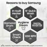 Samsung 7 Kg 5 Star Fully Automatic Front Load Washing Machine with Hygiene Steam, Diamond Drum, Digital Inverter Motor, Quick Wash & LED Display (WW70FG4S02ABTL, Black)