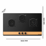 Faber Utopia Pro 90cm 3 Burner Built-In Gas Hob | 8mm Toughened Black Glass | Auto Electric Ignition | Cast Iron Pan Support - HOB Utopia Pro HT 903 BR CI
