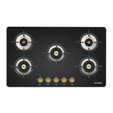 Faber 90 cm 5 Burner Built-in Gas Hob with Brass Burners, Auto Ignition & 8 mm Toughened Black Glass – Hob Maxus HT905 CRS BR CI AI