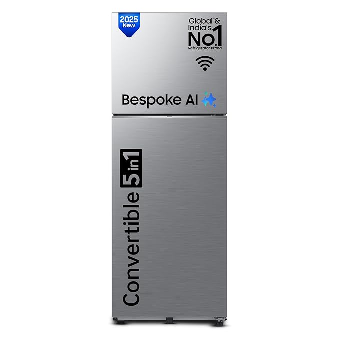 Samsung 330 L, 2 Star, Convertible 5-in-1, Digital Inverter, Frost Free Double Door, WiFi Enabled Bespoke AI Refrigerator (RT34DG5A2BS8HL, Elegant Inox, Silver)