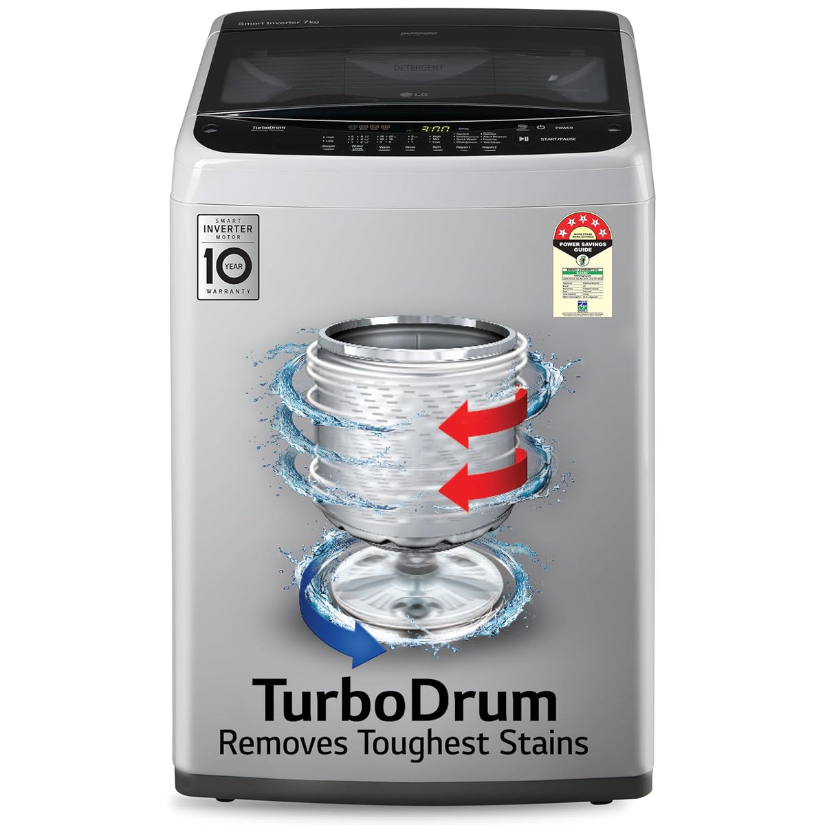 LG 7 Kg 5 Star Inverter TurboDrum Fully Automatic Top Loading Washing Machine (T70SPSF2Z, Waterfall Circulation, Smart Motion, Middle Free Silver)